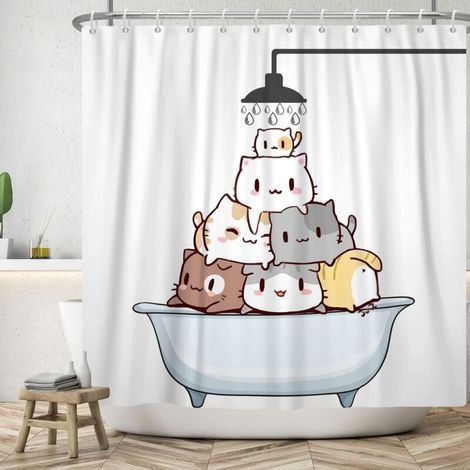 pair Chat Rideau de Douche Dessin animé Chat dans Baignoire Douche Rideau de Bain étanche drôle Animal Animaux de Compagnie Rideaux de Douche Lavable (1/5)