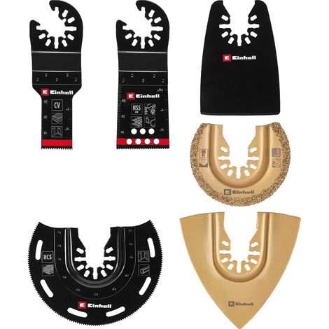 Einhell Set de 6 Accessoires universels pour outils multifonctions (lame de scie plongeante BIM et CrV, lame de scie semi-circulaire HCS, lame de scie semi-circulaire HM, râpe Delta, grattoir flexible