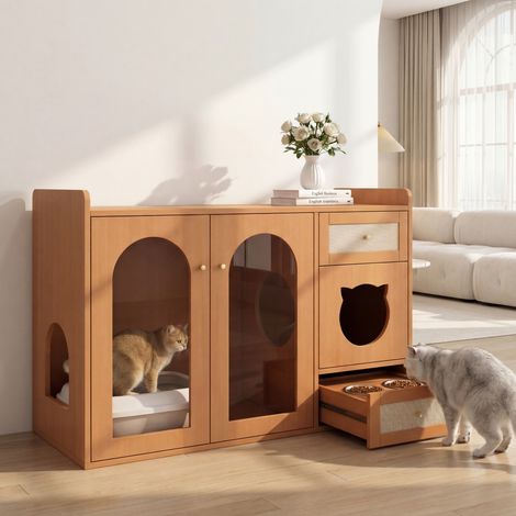 Mehrfunktionale Katzenhaus mit integriertem Katzentoilettenfach – kompakte, diskrete Schranklösung mit Ruhezone, Halterungen für Näpfe und Stauraum, elegantes Design aus natürlichem Walnussholz (120 ×