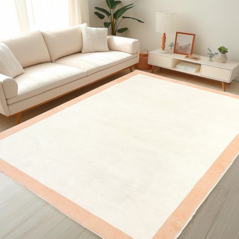 Vicmhuang – Tapis shaggy rectangulaire 160x230 cm – Peluche courte haute densité – Antidérapant et lavable – Motifs géométriques crème (1/5)