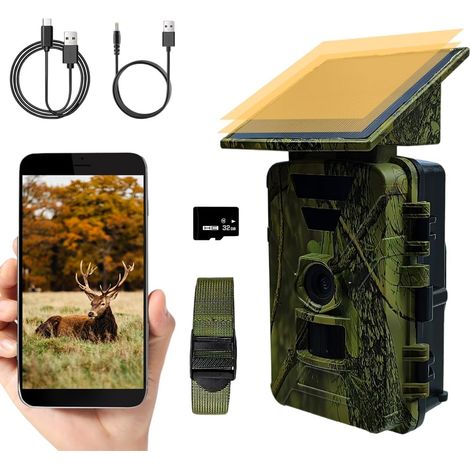 Caméra de Chasse Solaire 8K, WiFi Bluetooth 60MP Camera de Chasse, Avec Carte 32GB Batterie 5200mAh PIR Détection Vision Nocturne Activée par Mouvement pour Surveillance de la Faune (1/5)
