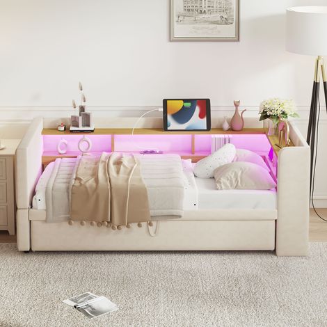 Canapé-litière convertible 90x190cm, tête de lit capitonnée avec éclairage LED, prises USB et rangements intégrés, matelas inclus, tissu beige, literie 2 places extensible 180cm, meuble gain de place. (1/5)