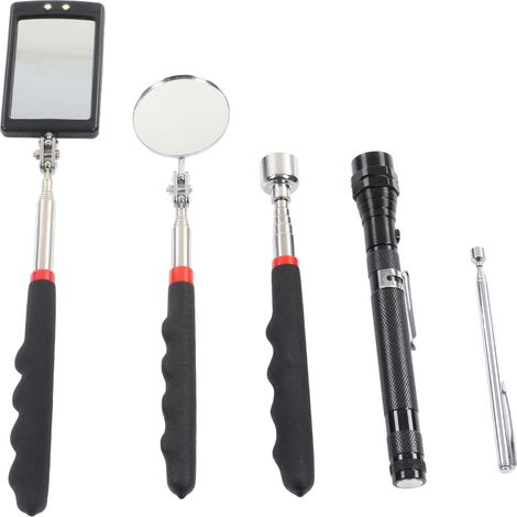 Lot de 5 tiges magnétiques télescopiques avec miroir et lampe LED pour récupérer vis et écrous en profondeur (1/5)