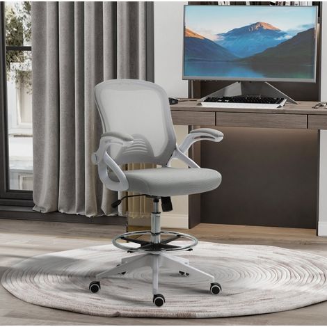 Chaise de bureau en plastique gris clair 64 x 60 x 106-126 cm, dossier maille, accoudoirs relevables, anneau repose-pieds (1/5)