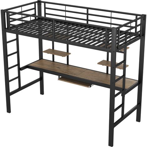 Lit mezzanine en métal noir 90x200 cm avec bureau et 2 étagères HOMVRA (1/5)