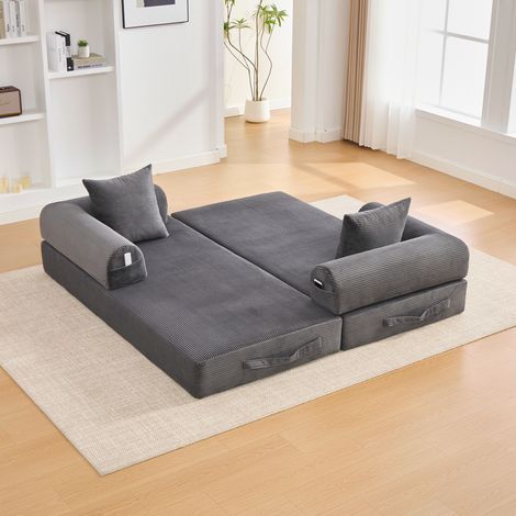 Canapé modulaire 200x94x67 cm gris foncé en velours côtelé avec structure métal, poche latérale et 3 coussins (1/5)