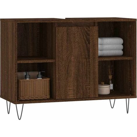 Meuble Vasque de Salle de Bain 80 cm en Bois d'Ingénierie, Couleur Marron, avec Rangements, Style Moderne pour WC et Douche (80x33x60 cm) (1/5)