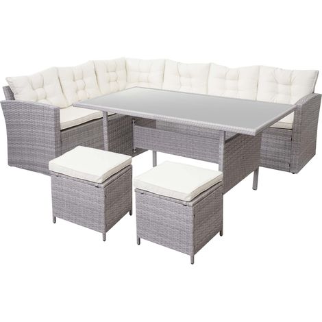 Conjunto completo de muebles de jardín para terraza balcón o porche en polirratán gris claro con cojines color crema y 2 taburetes (040004194) (1/4)