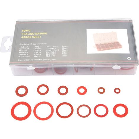 Rondelles en Fibre Assortiment, 600pcs 12 Tailles Rondelle d'Isolation en Papier d'Acier Rouge Assorti avec Boîte de Rangement(600pcs) (1/5)