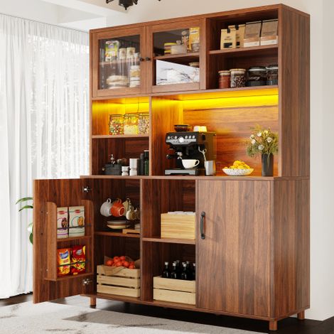 Meuble haut de salon (140 × 40 × 185 cm), meuble de cuisine, meuble de salle à manger, avec éclairage LED, étagère à provisions intégrée à la porte, style rétro, couleur noyer. (1/5)