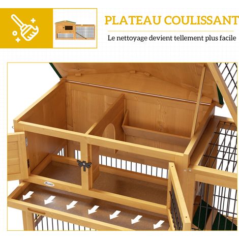 Clapier de sol cage à lapin niche supérieure avec rampe enclos extérieur porte verrouillable 150 x 52,5 x 68 cm jaune (1/5)