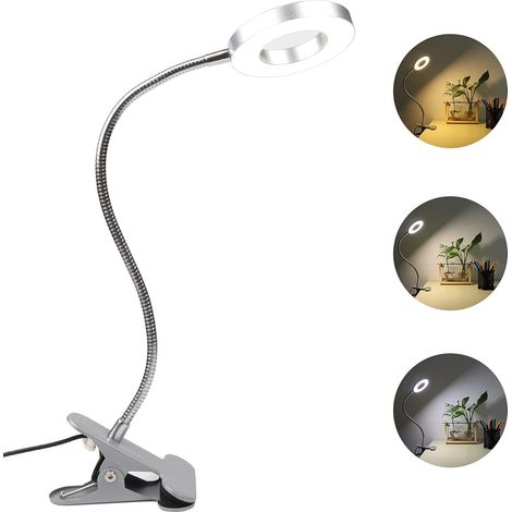 7W USB Lampes-clips de Bureau avec Pince et Bras,48 LED,3 Couleur et 10 Intensite Variable,Lampe Tatouage Flexible,Clip Lampe de Lecture au Lit Enfant,Lampe Extension de Cils,Argent (1/5)