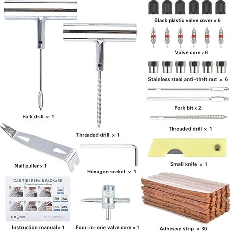 Kit Reparation Pneu Voiture, Kit Meche Pneu Voiture Kit Anti Crevaison Voiture, Kit de Reparation de Pneus Pour Auto, Motos Tout-Terrain, Moto (1/3)
