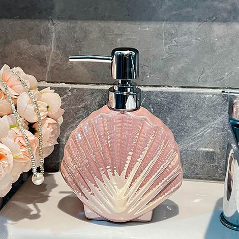Distributeur de Savon en Céramique avec Pompe, Flacon à Lotion Motif Coquillage Irisé Rose, Bouteille Design pour Shampooing et Gel Douche, Accessoire Décoratif Salle de Bain-lsw (1/2)