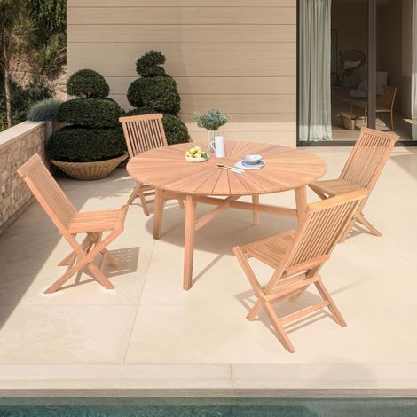 Table de jardin ronde 180 cm + 4 chaises pliantes teck - GARDENA