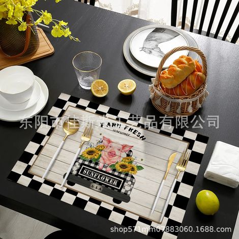 Easter Placemat, Leather, Non-slip, Heat-insulating, Tablecloth, Waterproof, for Home Use, Hotel, and Western Style - Black and White - Sunflower, Pig, and Car - 3045cm