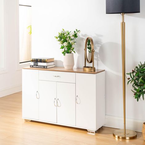 Meuble de Cuisine à Poser, Plateau MDF, 4 Portes 1 Tiroir, Étagères Ajustables, Buffet Rangement Blanc Lin pour Salon, Restaurant, Salle à Manger, Style Scandinave, 110 x 30 x 70cm (1/5)