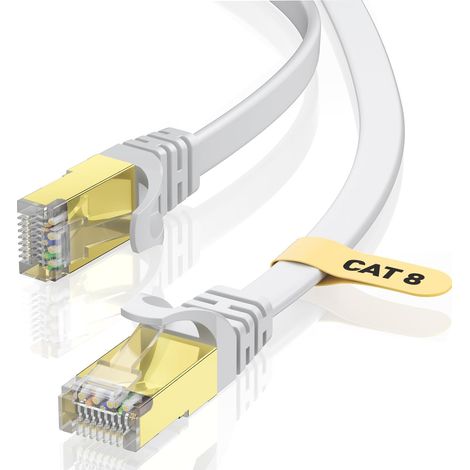 CAT8 Câble Ethernet 5M, 40Gbps/2000Mhz Haut Débit Gigabit RJ45 LAN Câble Réseau Internet, Cat-8 Plat Câble PatchBlindé Robuste pour PS4/5 Ordinateur Modem PC TV – Blanc (1/5)