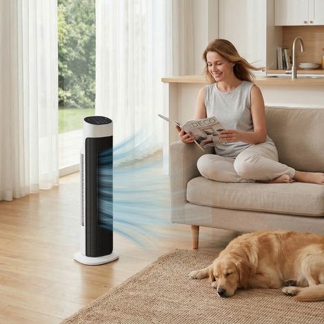 Ventilateur de Tour Silencieux avec Télécommande 3 Vitesses 3 Modes Minuteur 7,5H Oscillation 70° Blanc et Noir