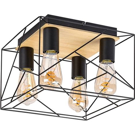 Plafond Boire métal / bois noir E27 4 x Max.40W L: 30 cm B: 30 cm H: 21,5 cm Dimmable (1/5)