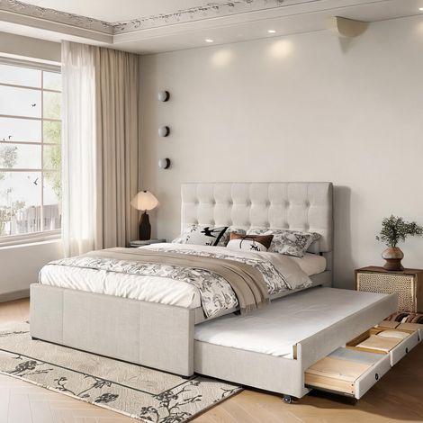 Cadre de lit beige en lin 200 x 140 x 111,5 cm (1/5)