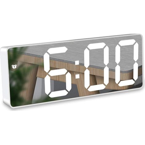 Réveil Miroir Réveil Numérique Luminosité Réglable Snooze Réveil avec Date Température Affichage LED Commande Vocale Voyage Chambre Bureau Cuisine (Blanc) (1/4)