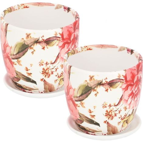 Lot de 2 pots de fleurs en céramique pour fleurs, plantes, diamètre 13 cm avec bac d'égouttement et fleurs (1/5)