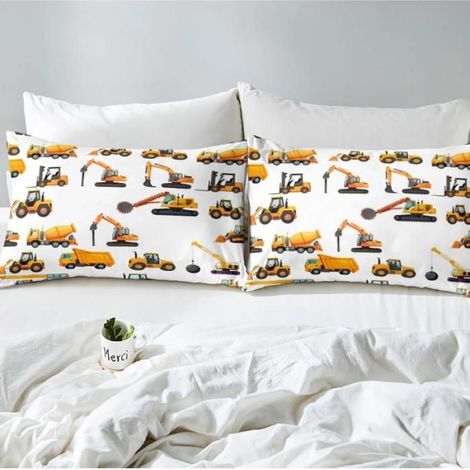 1 Parure de lit, motif pelleteuse et tracteur, housse de couette 140x200cm, 2 taies d'oreiller, chambre enfant (1/4)