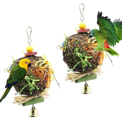 Set mit 2 Rattanspielzeugen, Häkelnadel, farbigem Papier, Glöckchen, Papagei, Wellensittich (1/5)