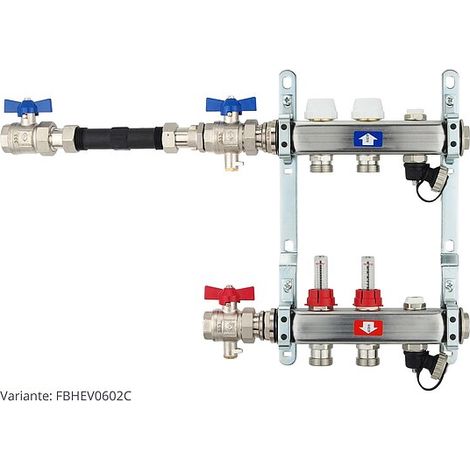 Fußbodenheizungsverteiler aus Edelstahl mit Topmeter für 2 Heizkreise - mit WMZ-Anschlussset 110 mm waagrecht (1/3)