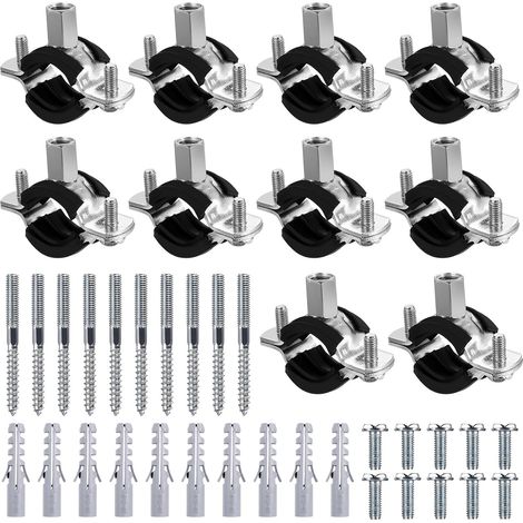 10 Stück Metallschlauchschellen, 26-30 mm Schraubschellen für Rohre mit Gummieinsatz zur Befestigung von Wasserleitungen, mit 10 Aufhängebolzen und 10 Dübeln (1/5)