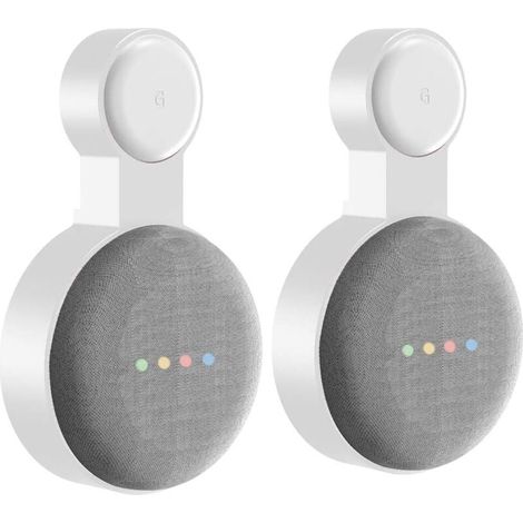 Support mural à 2 prises pour enceinte Google NestMini, assistant vocal domestique, cache-câbles, blanc (1/4)