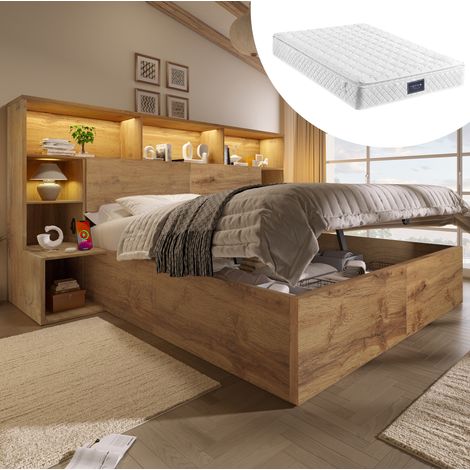 DESVIAE Lit double 160 x 200 cm avec matelas rangement hydraulique chevets intégrés tête de lit avec étagères LED USB C finition chêne sommier à lattes bois métal (1/5)