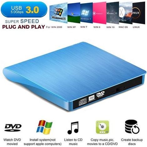Lecteur CD/DVD externe USB 3.0 – Vitesse de transfert jusqu'à 5 Gbps – Résistance aux chocs et réduction du bruit – Compatible Windows et Mac (1/5)