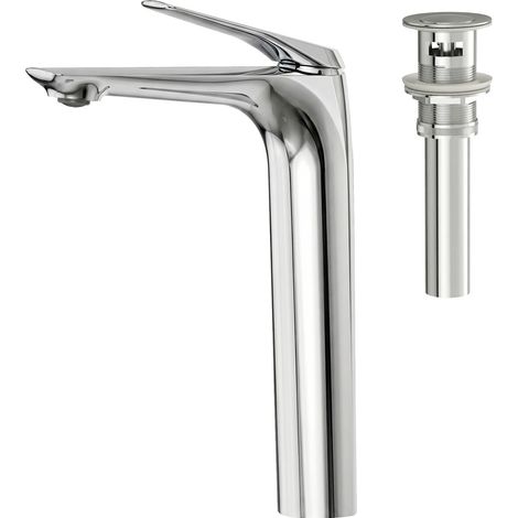 EVERSTEIN Waschtischarmatur Hoch Chrom Wasserhahn Bad:  Aufsatzwaschbecken Armatur Badezimmer Waschbecken Armaturen Messing inkl. Ablaufgarnitur Hoher Einhebelmischer Waschbeckenarmatur Misch