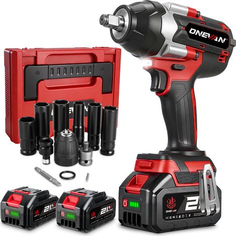 ONEVAN Clé à Chocs Sans Fil Brushless 1000 Nm,3 vitesses,1/2 " Boulonneuse a Choc avec Deux 3.0Ah Batterie et 12 accessoires,pour la Voiture et la Maison