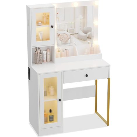 Coiffeuse avec Miroir LED, Prises Intégrées et Ports USB, Table de Maquillage avec Tiroirs et Meuble de Rangement en MDF pour Chambre à Coucher