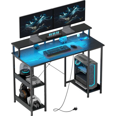 LED Computer Desk, with Power Outlets Shelves - Black (1/5)