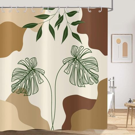 1 Rideau de douche, Tissu polyester imperméable, Motif feuilles abstraites vert, Pour salle de bain standard
