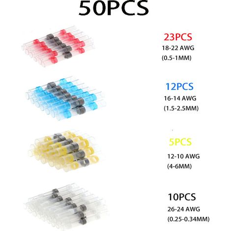 Lot de 50 Connecteurs Électriques Étanches à Souder avec Gaine Thermorétractable, Borne Sans Sertissage Assorties (Rouge, Bleu, Blanc, Jaune) pour Réparation de Fils-lsw (1/2)