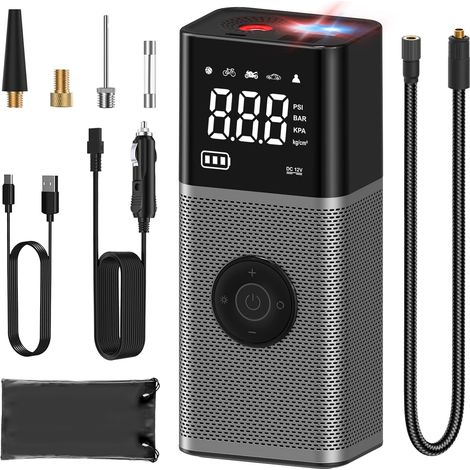 Reifenfüller mit digitalem Manometer, tragbarer Luftkompressor, 150 PSI Akku-Luftpumpe für Autoreifen und DC 12 V Dual-Stromversorgung, 3 Notlichter, Fahrradreifenpumpe für Auto-Motorrad-Ballon (1/5)