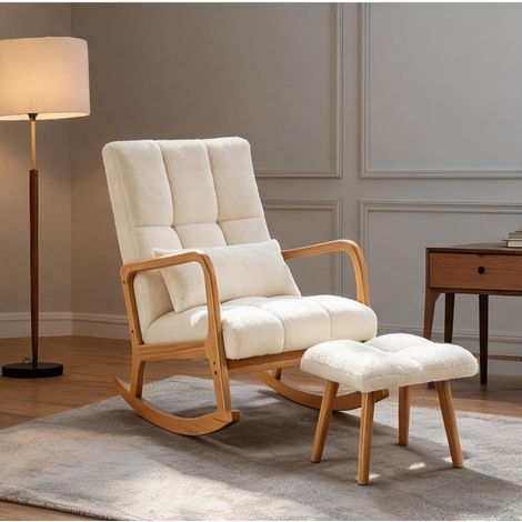 Fauteuil à bascule blanc en tissu bouclette avec pouf (1/5)
