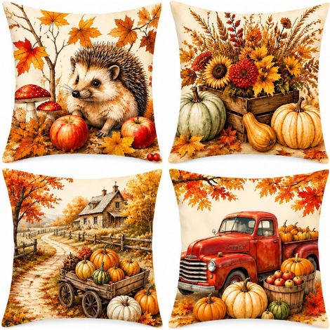 Lot de 4 housses de coussin automne 45x45 cm, taies décoratives citrouille et feuilles pour décoration intérieure-C (1/5)