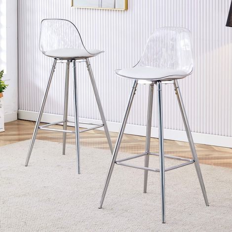 Lot de 2 tabourets hauts transparents avec dossier, structure métal argenté, repose-pieds, charge 120 kg, H96,5 cm (1/5)