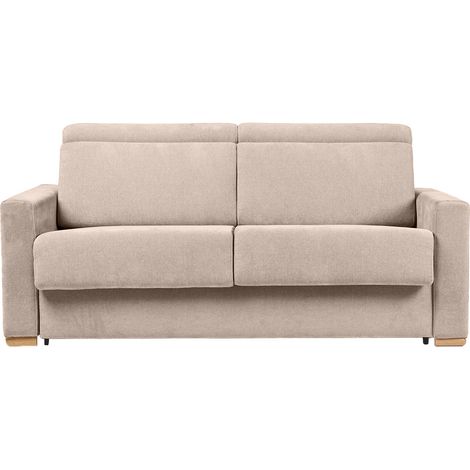 Schlafsofa mit verstellbaren Kopfstützen für 3 Personen in beige-samtigem Effektgewebe mit einer Matratze von 18 cm NORO