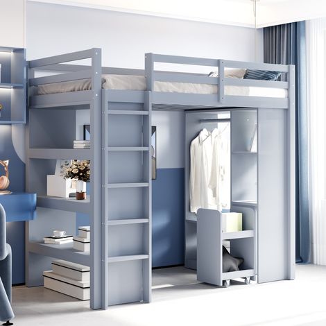 Lit mezzanine enfant 90x200 avec rangement complet : étagères, cintres, chariot amovible. Espace maxi. gris lit simple (sans Matelas) (1/5)