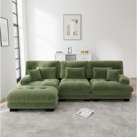 Modulares Ecksofa 313x145x81 cm grün Chenille mit Ottomane und tiefer Sitzfläche (1/5)