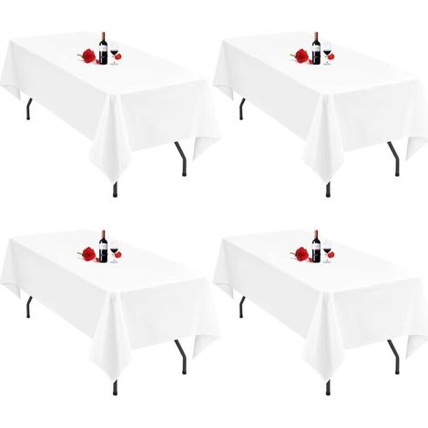 Lot de 4 nappes blanches pour tables rectangulaires 140 x 250 cm. Nappe rectangulaire blanche en polyester. Nappes blanches lavables, idéales pour les réceptions et les banquets de mariage. (1/5)