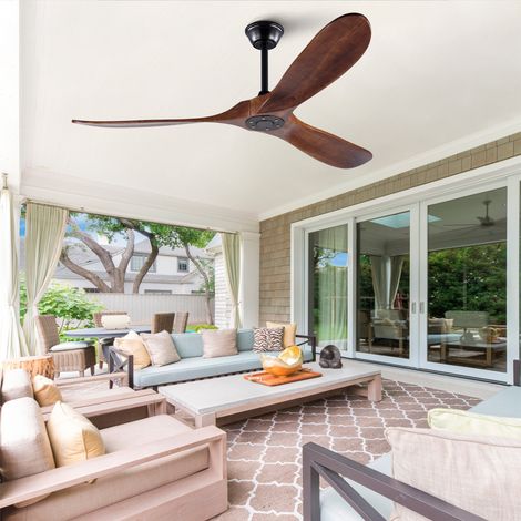 Ventilateur de plafond extra large 152 cm (60 pouces) sans lumière, bois noyer, imperméable, avec tige de descente, style rétro-moderne pour terrasse, séjour, atelier et pergola. (1/5)