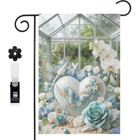 Bannière de cour oiseaux du paradis et cœur turquoise 30 x 45 cm décoration extérieure et intérieure (1/5)